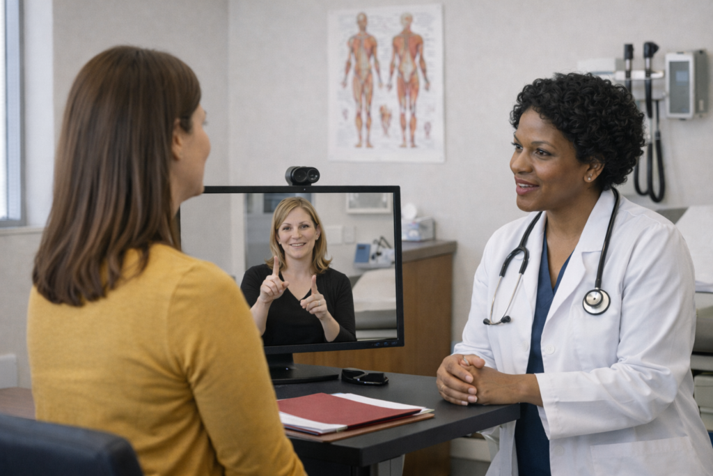 ASL interpreter on screen providing video remote interpreting during a telehealth medical appointment