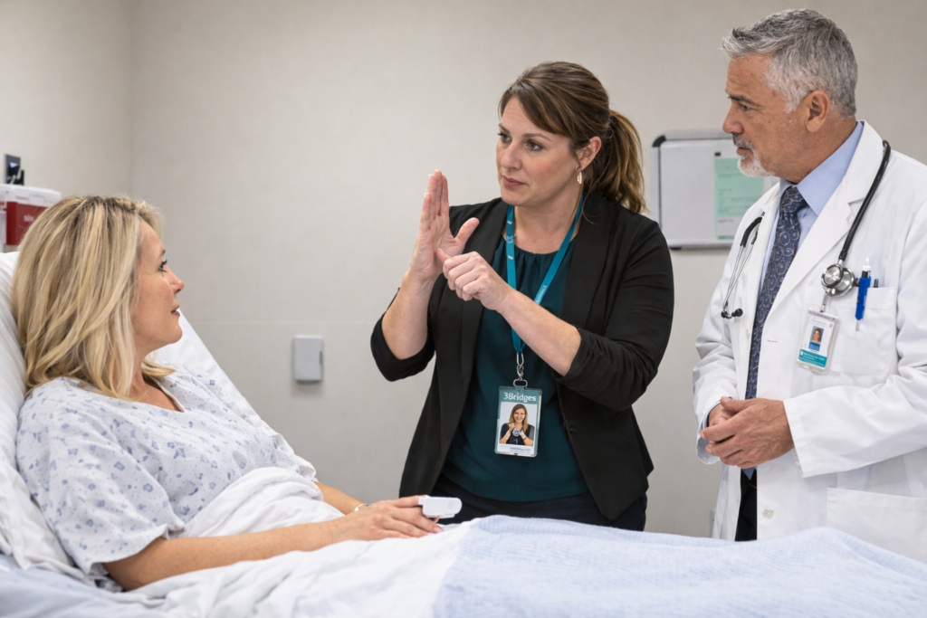 Certified ASL interpreter interpreting for a patient in an Austin hospital