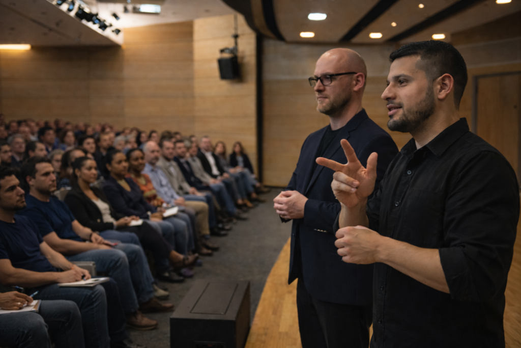 ASL interpreter working alongside a presenter at a conference in Austin