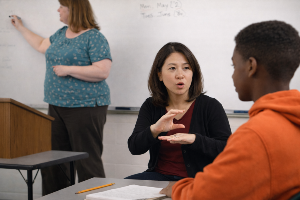 ASL interpreter signing for a student in an Austin classroom