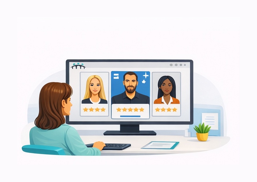 graphic of woman sitting in front of computer on video meeting