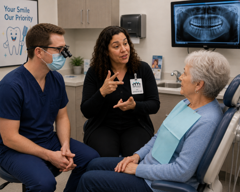 Medical ASL interpreter signing for a Deaf patient during a dental appointment