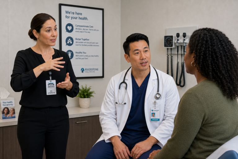 Medical ASL interpreter signing for a Deaf patient during a doctor's appointment