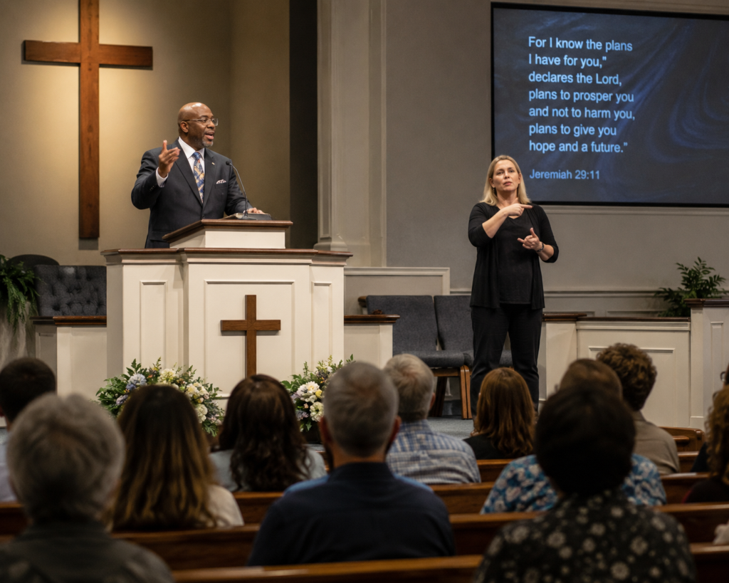 Church ASL interpreter signing a sermon for Deaf congregants during a worship service